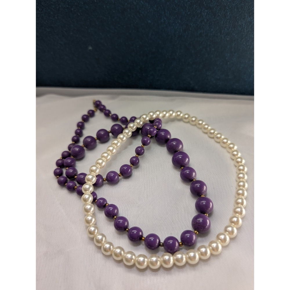 Grandmillennial Vintage Jewelry Lot Purple Bead & Creamy Faux Pearl Necklaces
